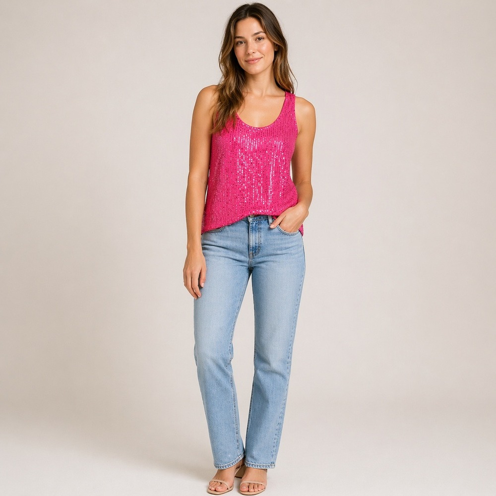 Hot Pink Sequin Tank Top Scoop Neck Sleeveless Party Blouse Medium